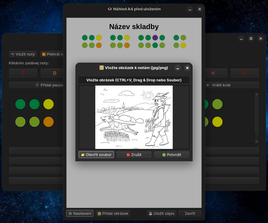 Možnost přidání omalovánky nebo obrázku k notám